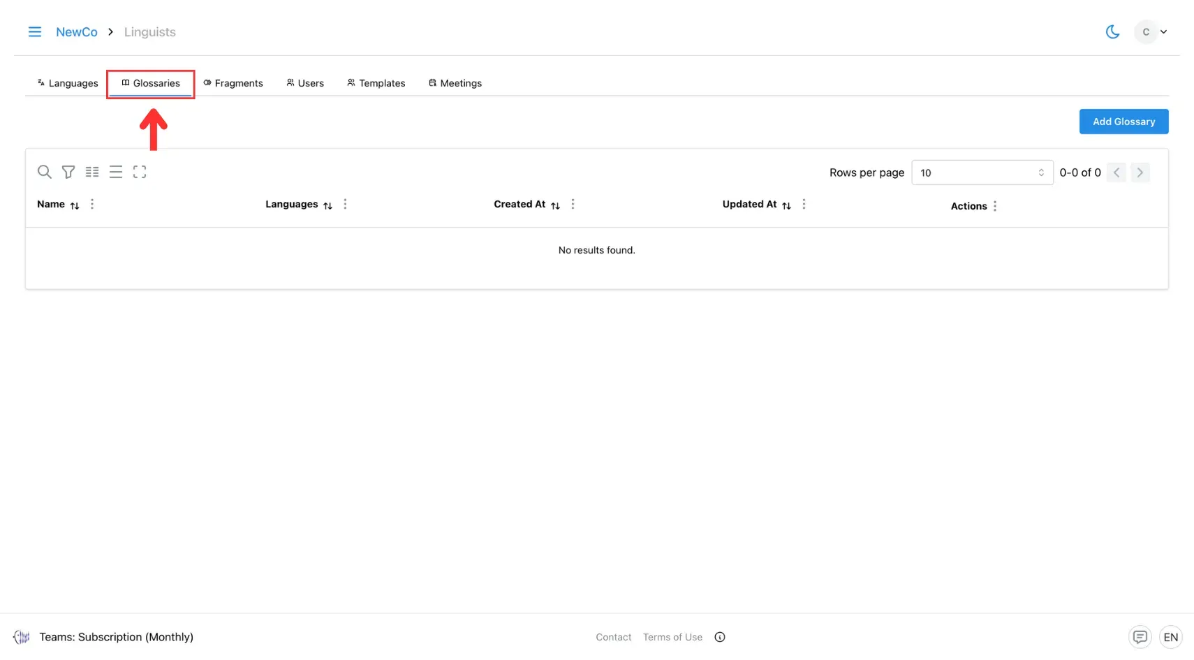 Click on the Glossaries tab