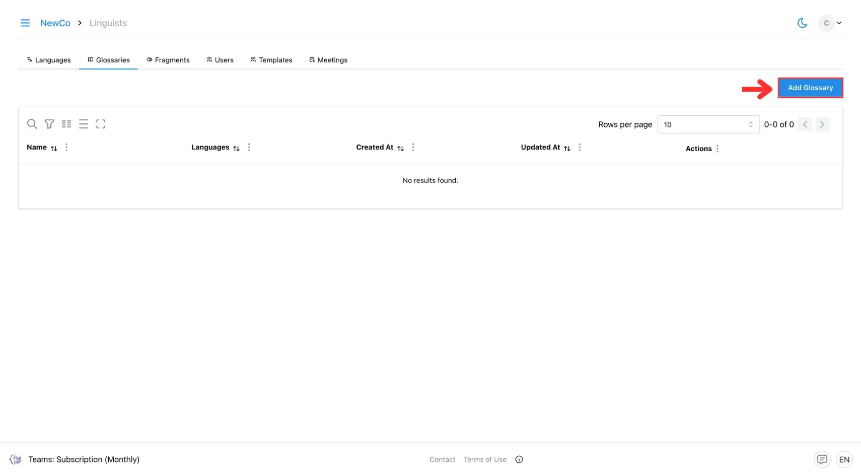 Click the ‘Add Glossary’ button