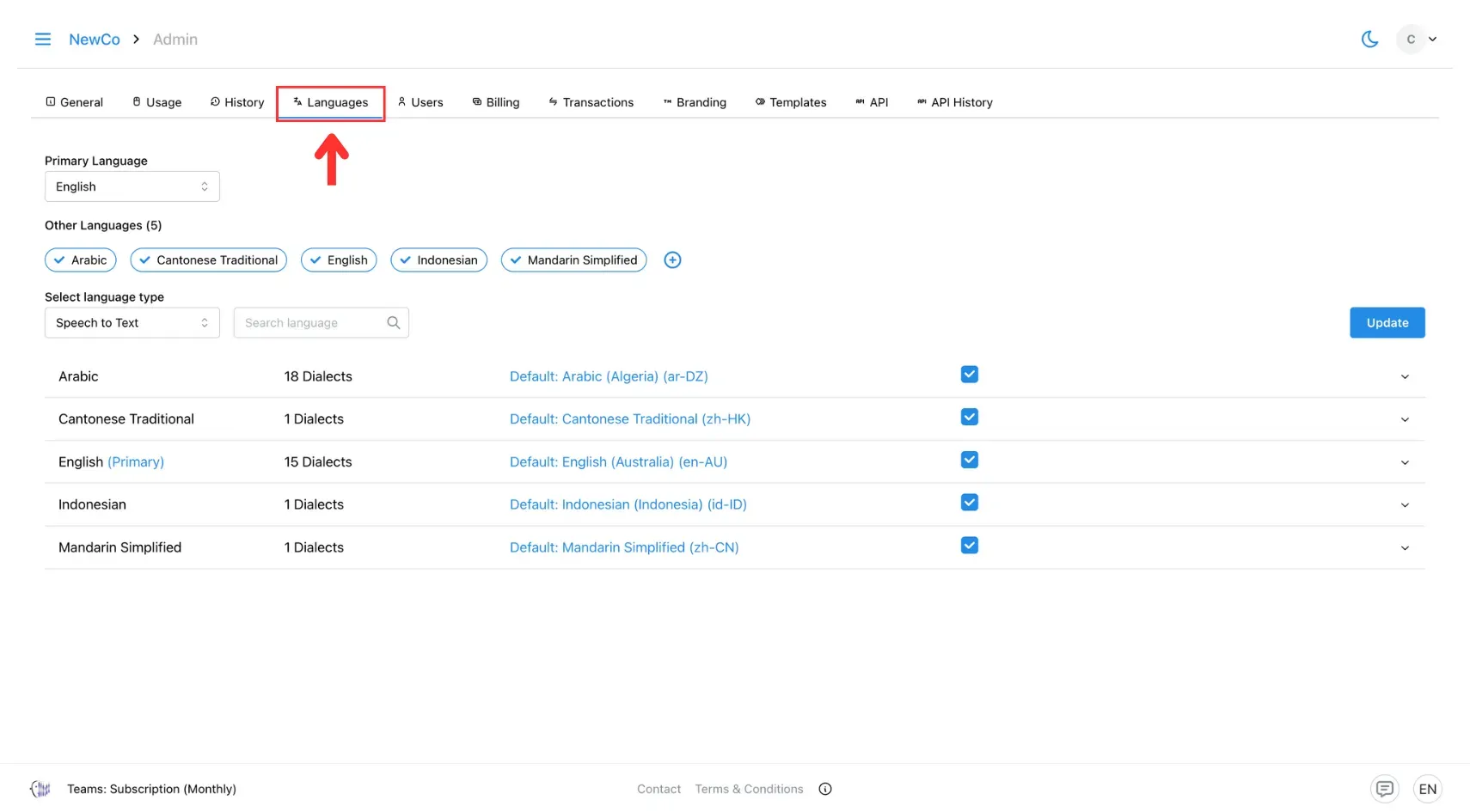 Navigate to the Language tab