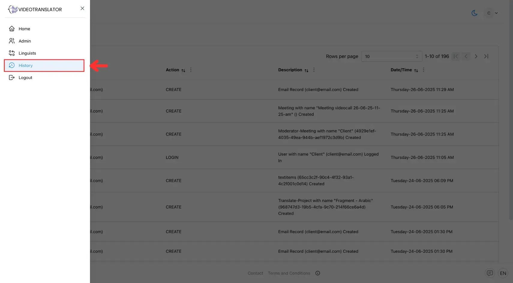 VideoTranslatorAI app history page