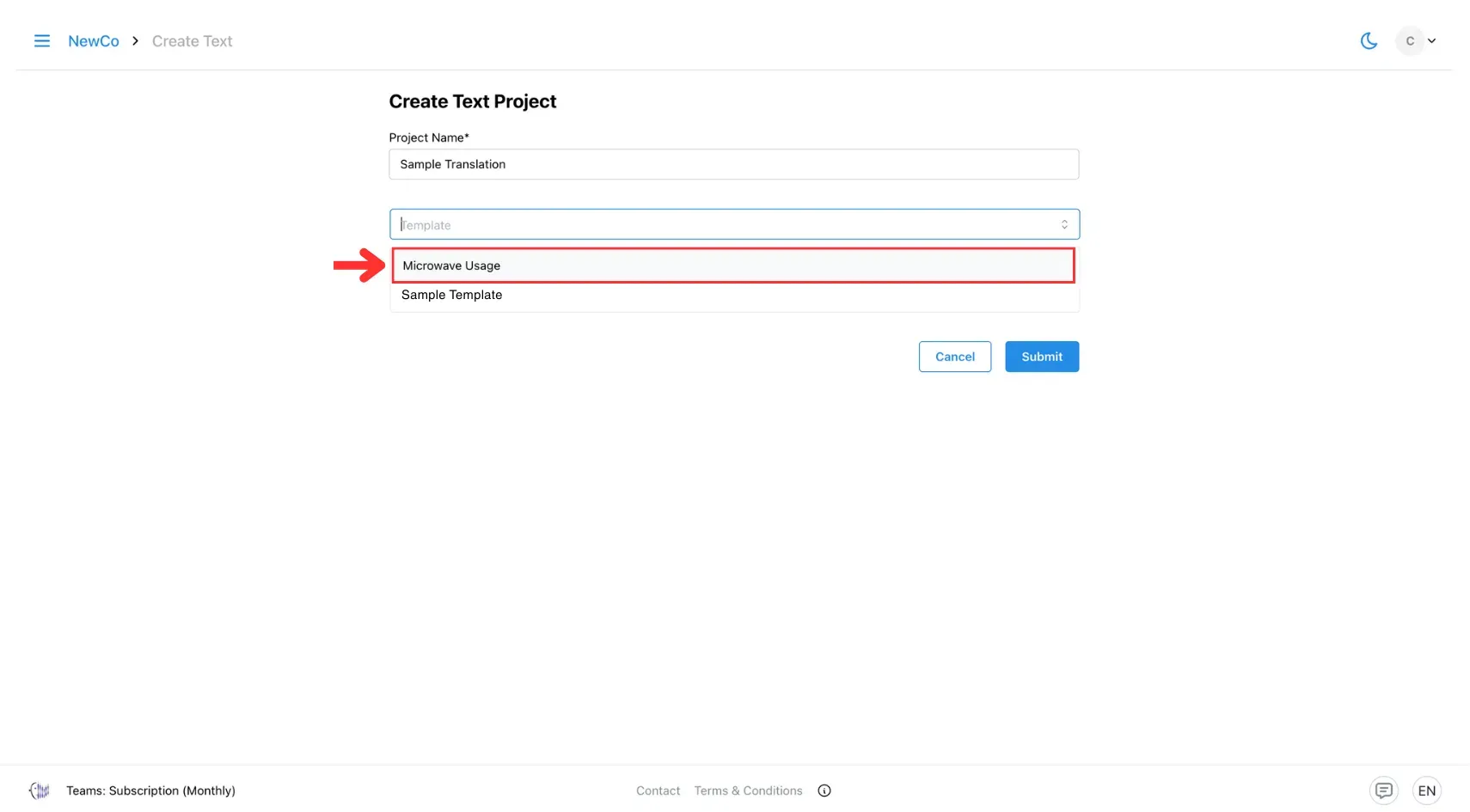 Use your template in the text project