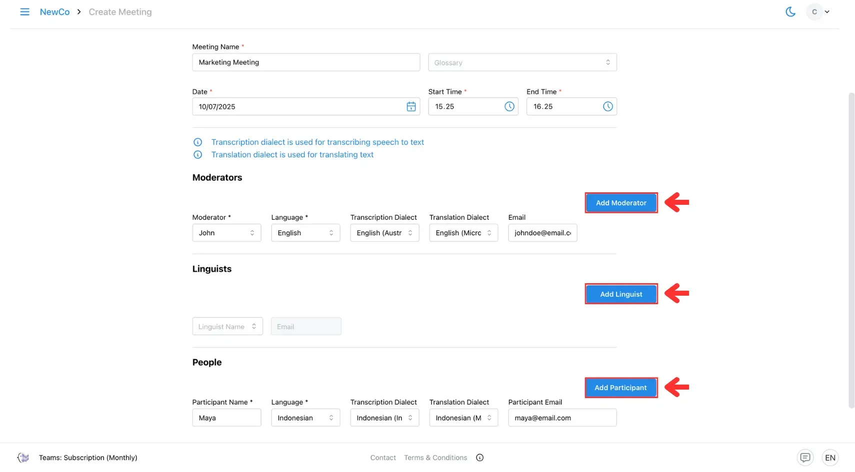 Set the desired number of participants and moderators