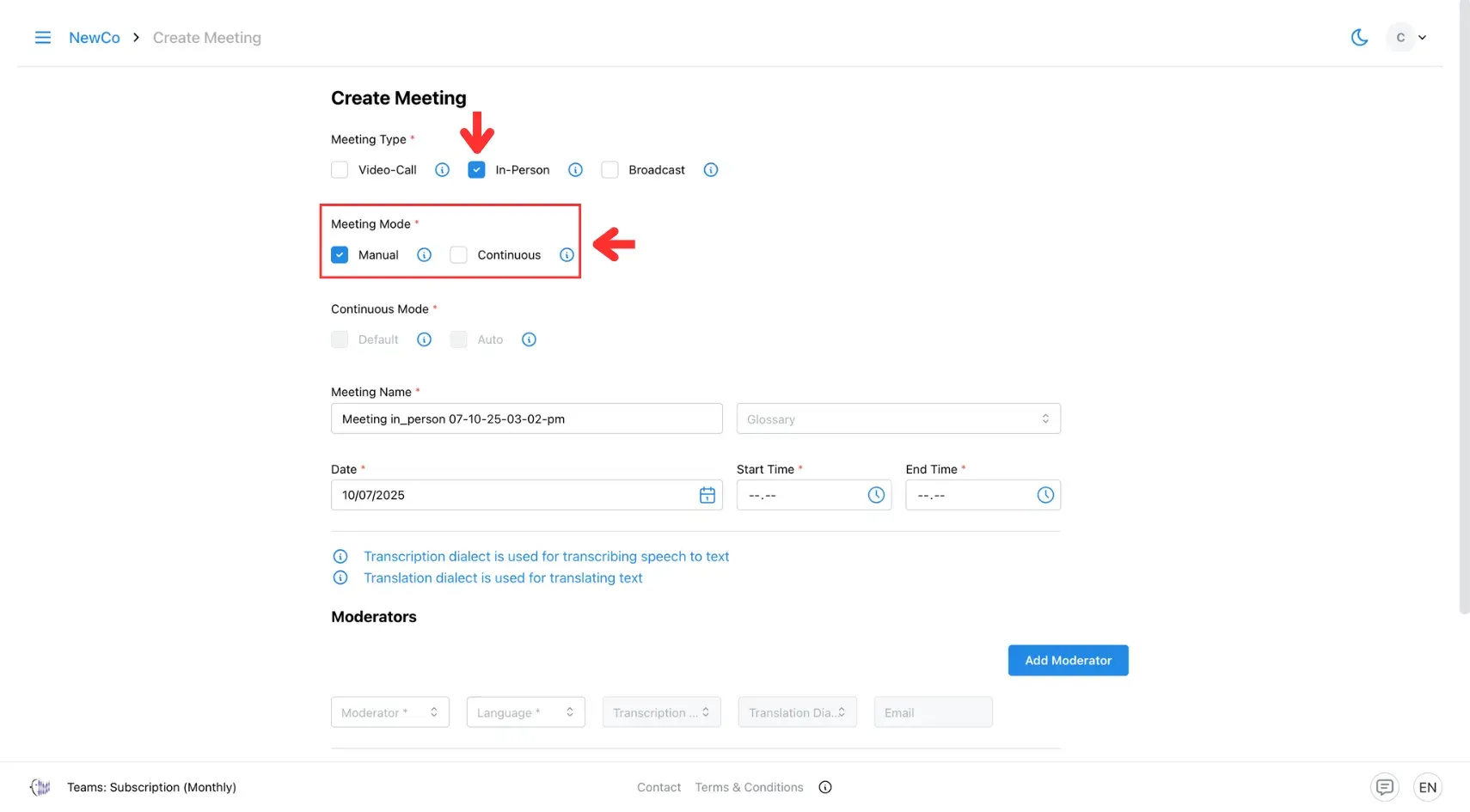 Select meeting type and mode