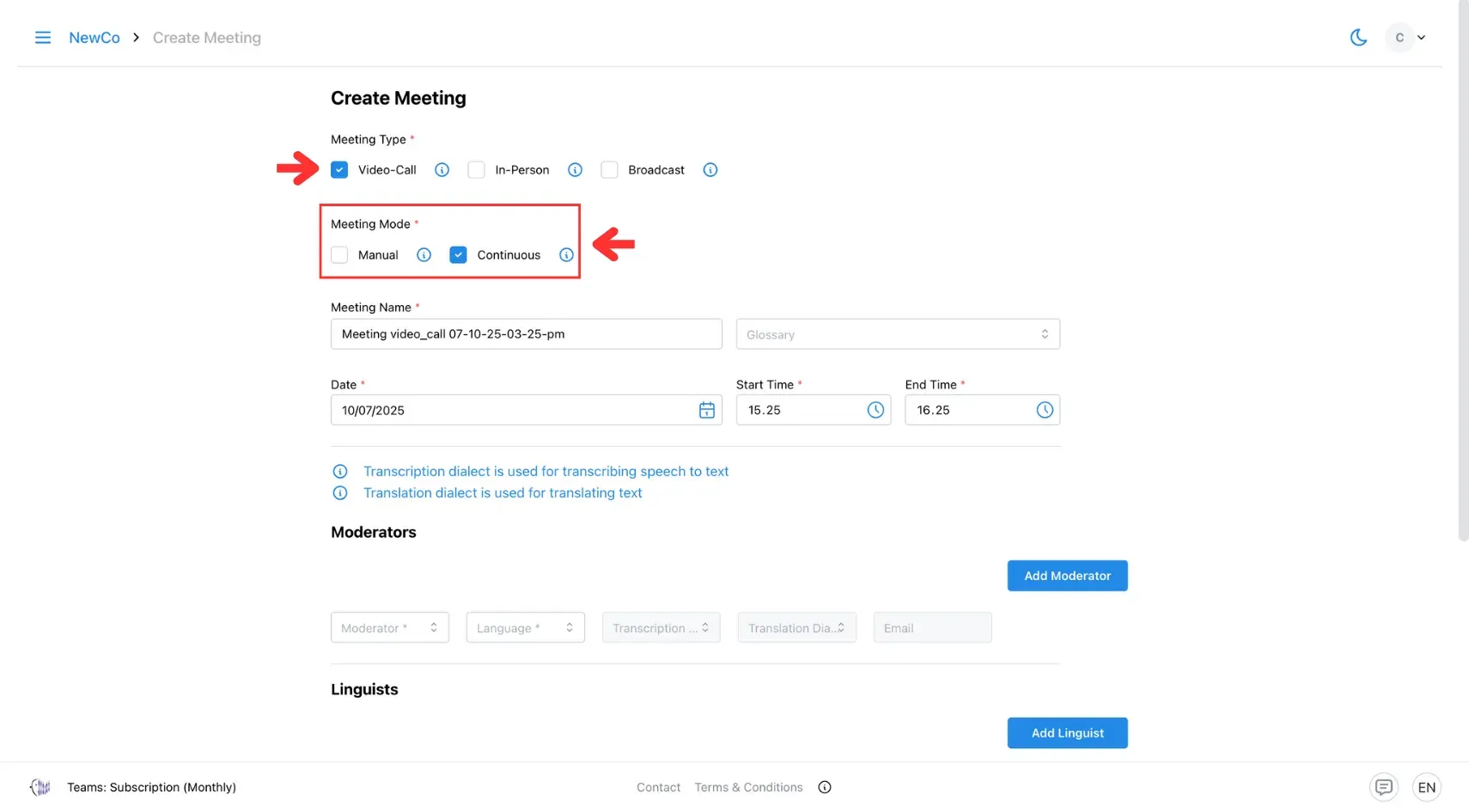 Choose your meeting type and mode