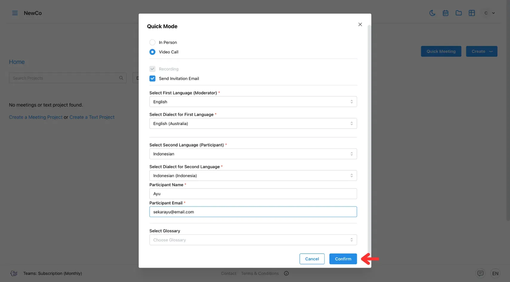 Click Confirm to create the meeting