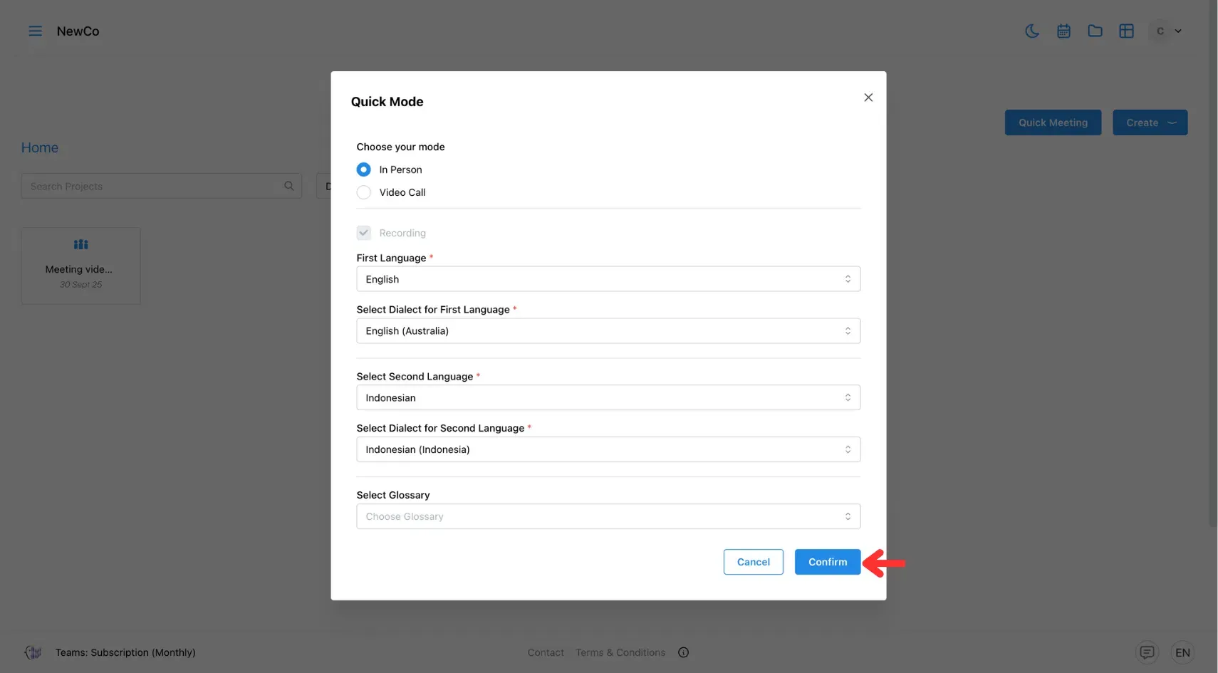 Click Confirm to create the meeting