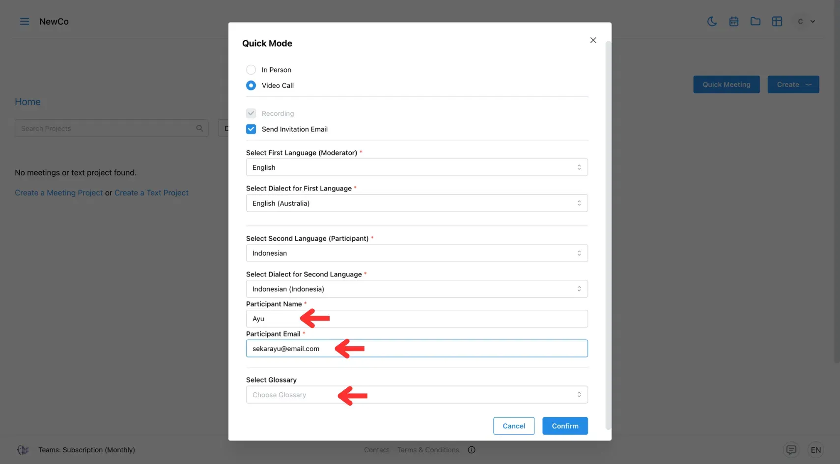Enter Participant’s name and email