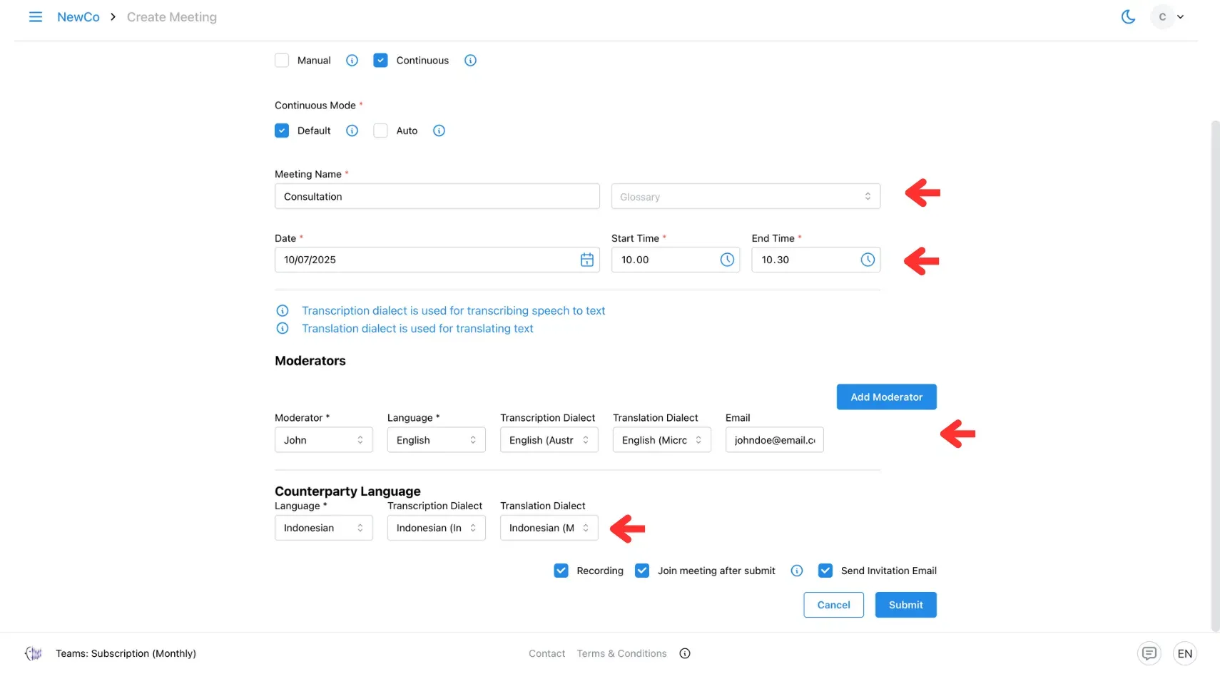 Fill in meeting details