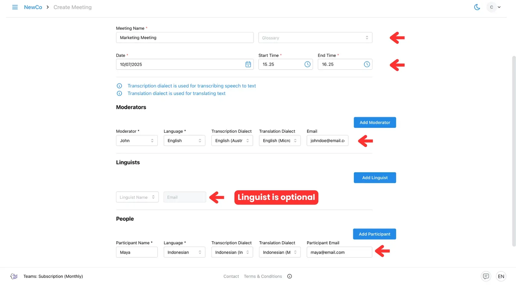 Fill in meeting details