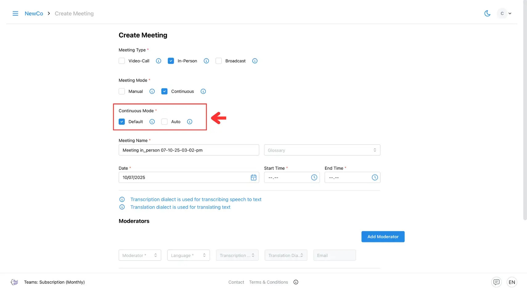 In-person continuous mode sub-options