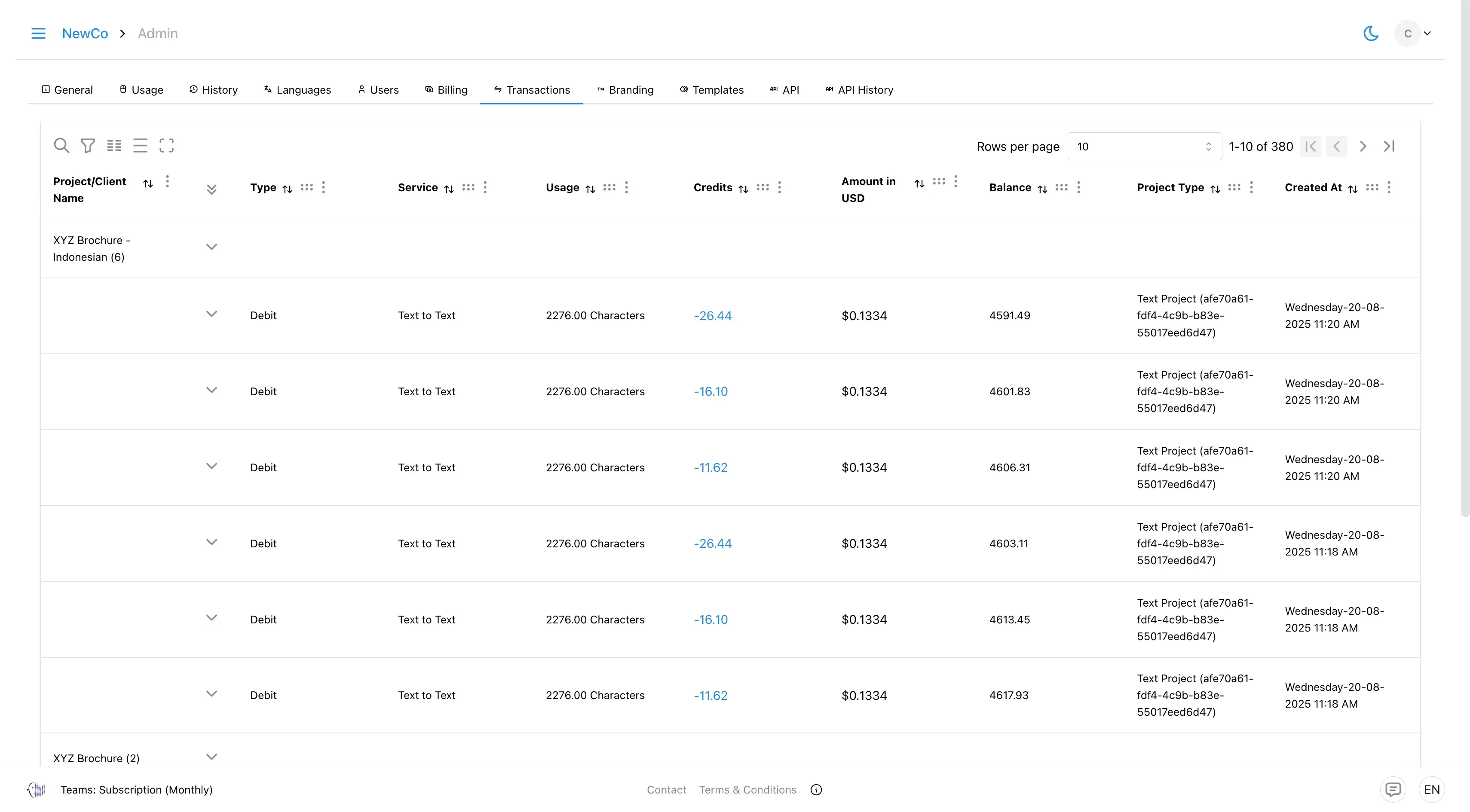 Transaction Page