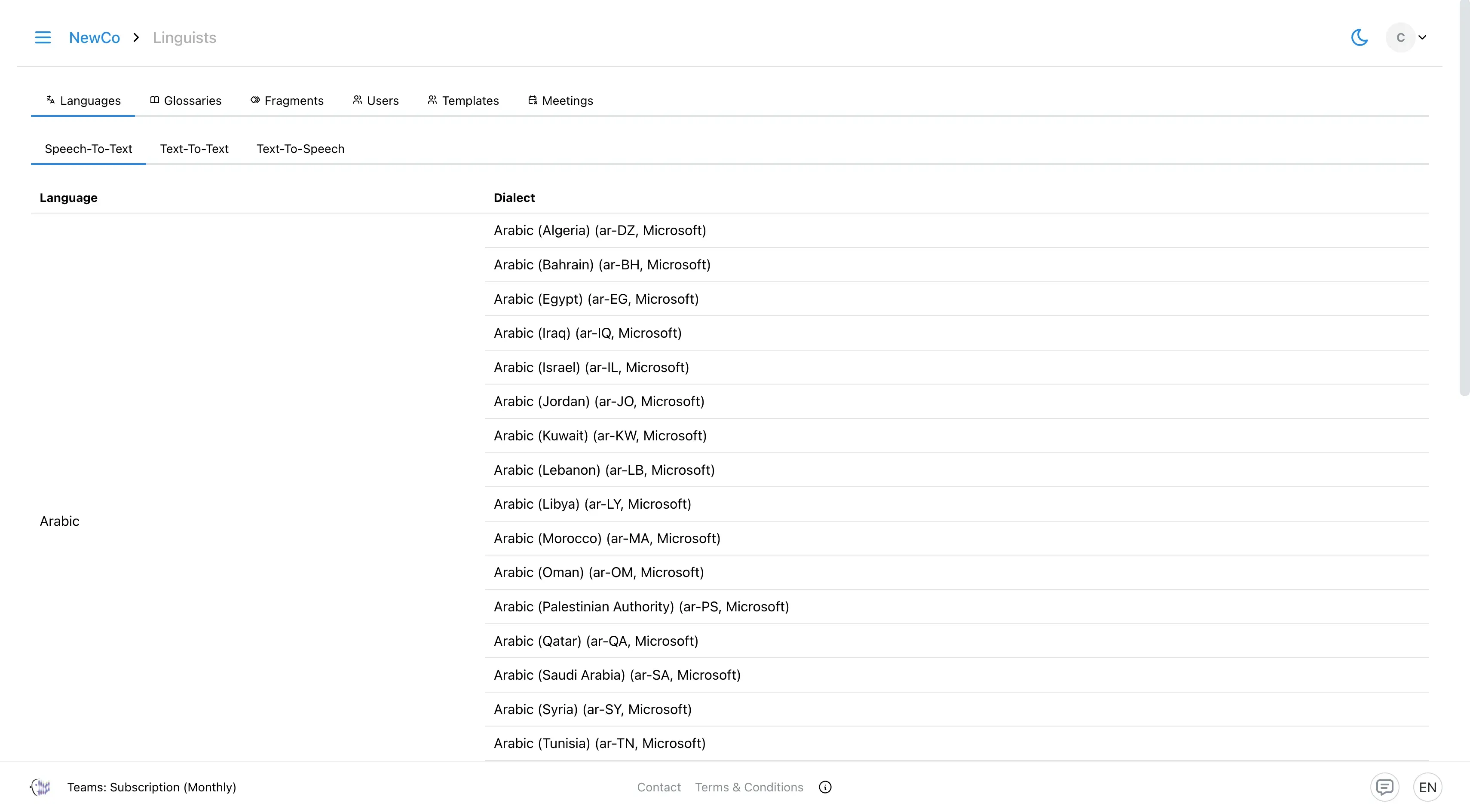 Languages page