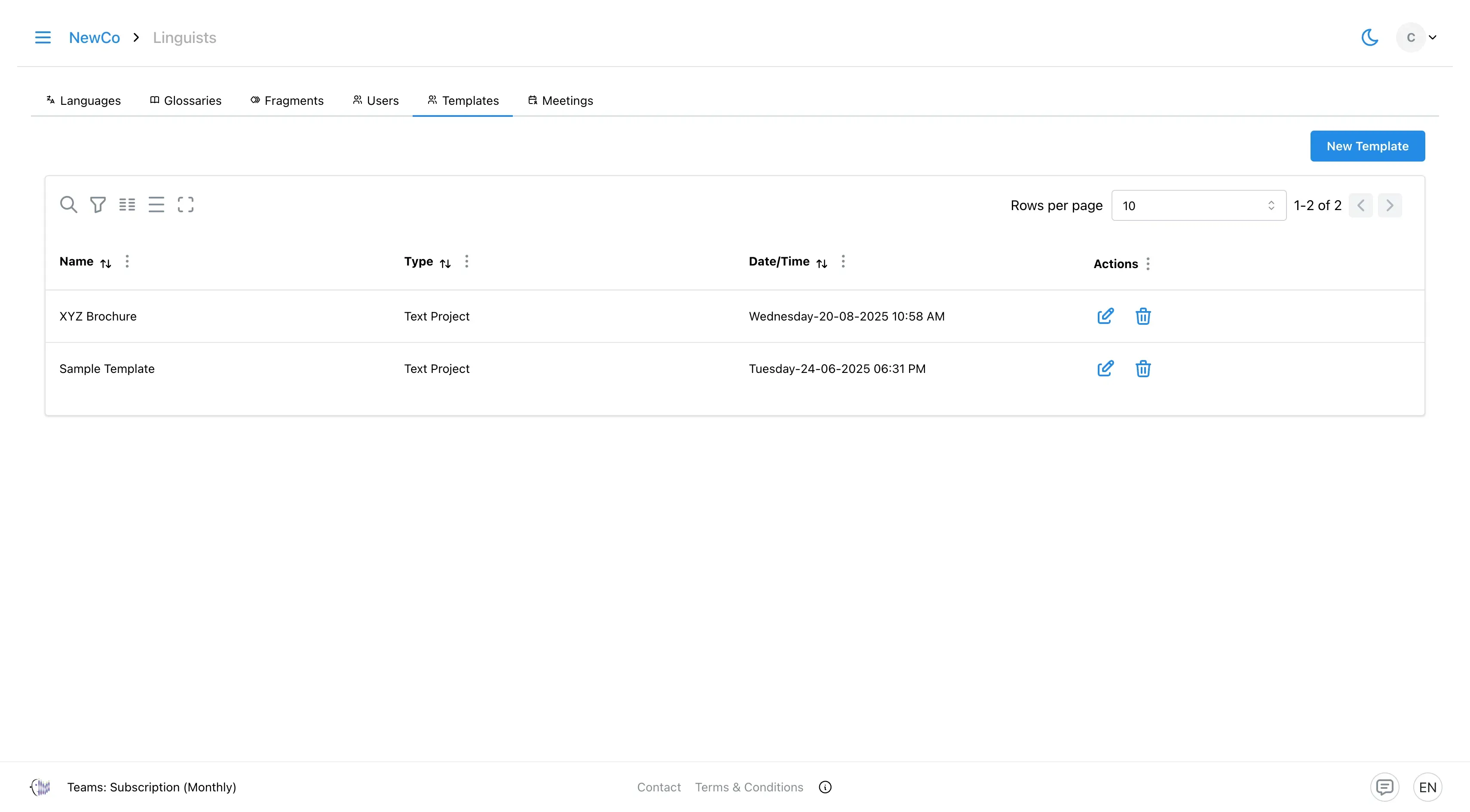 Templates page