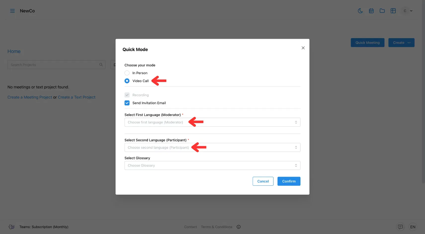 Select Meeting Mode and Languages