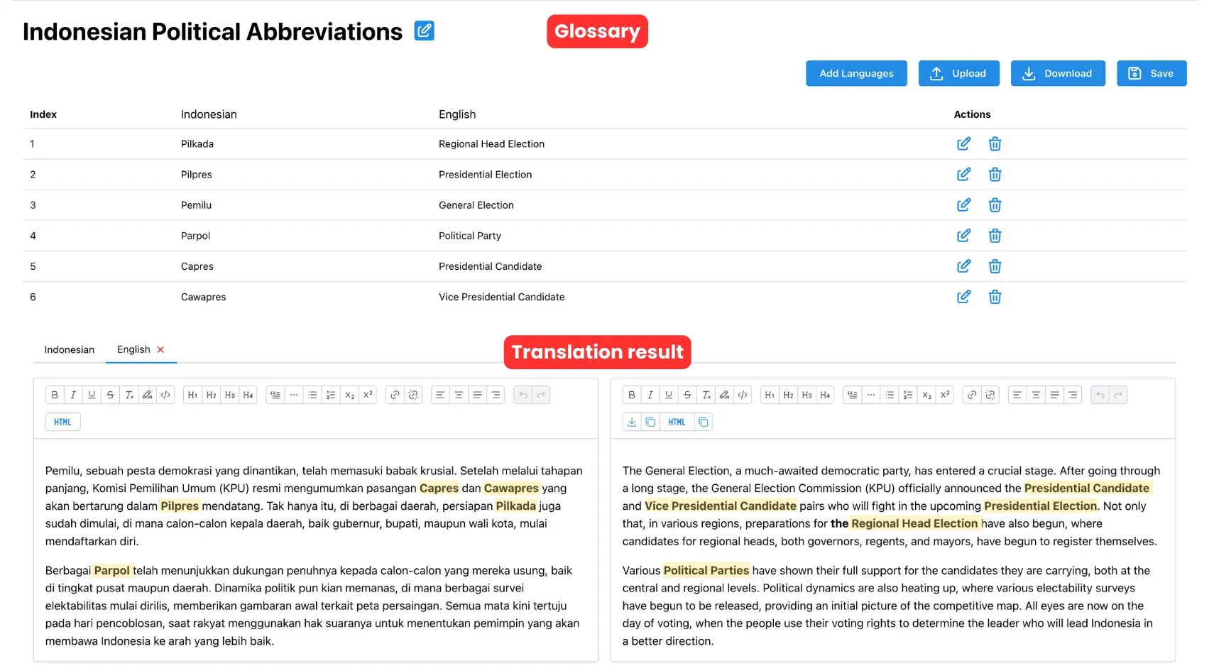 Translation result with Glossary applied